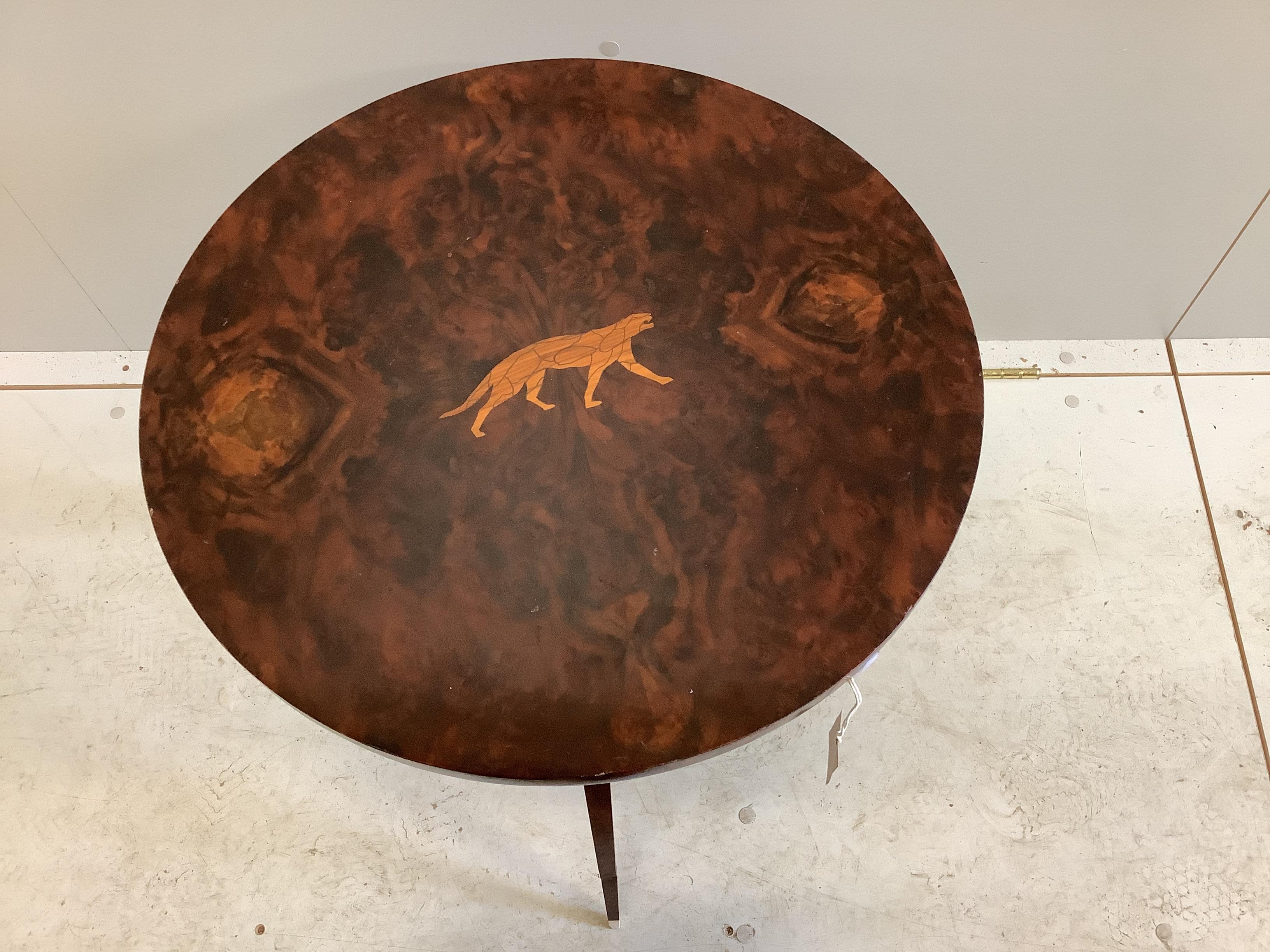 An inlaid burr walnut circular occasional table in the manner of Rhullman, diameter 52cm, height 53cm